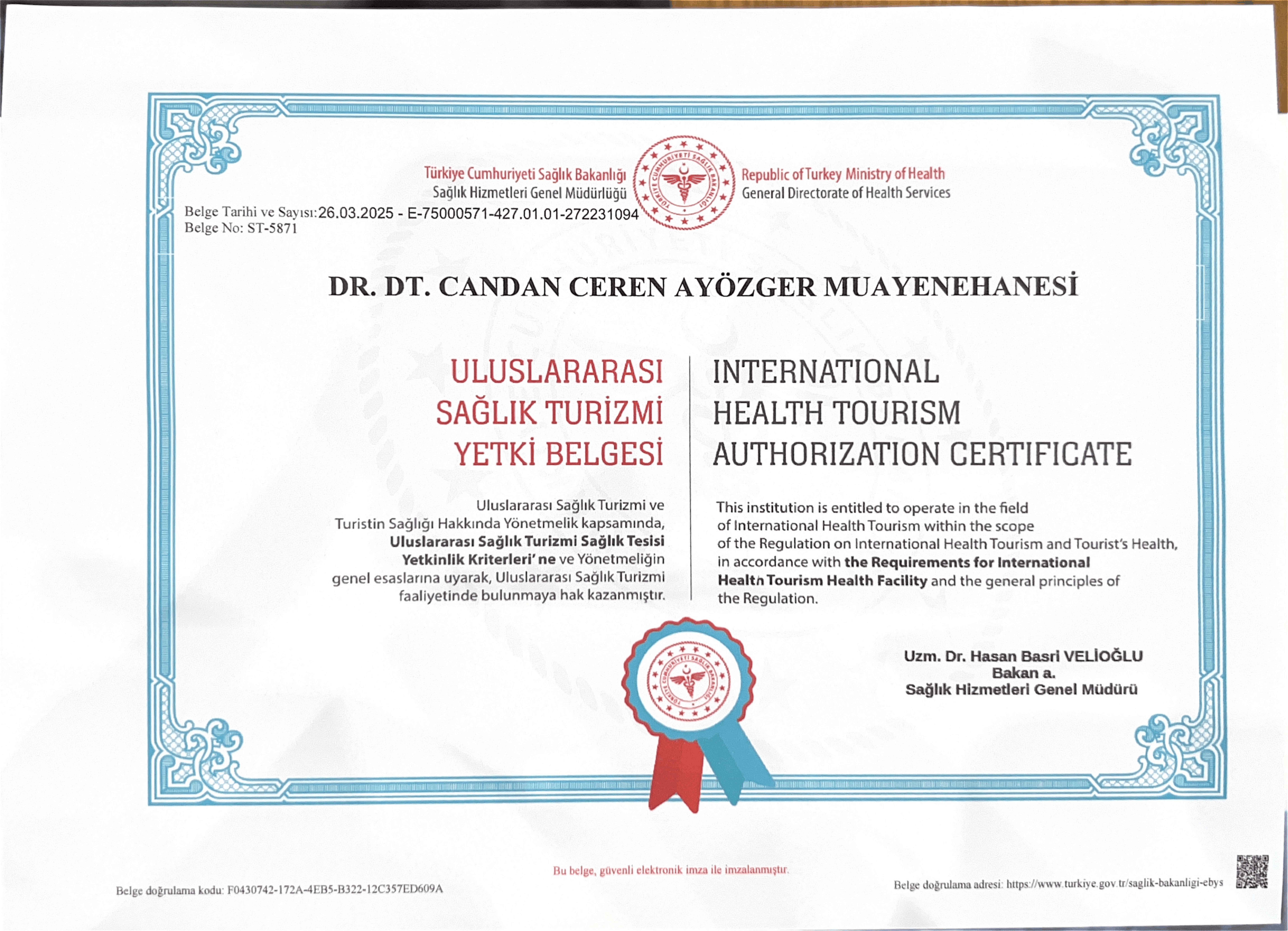 Uluslararası Sağlık Turizmi Yetki Belgesi